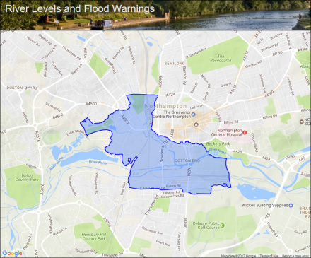 River Nene and tributaries in Northampton, including low-lying areas ...